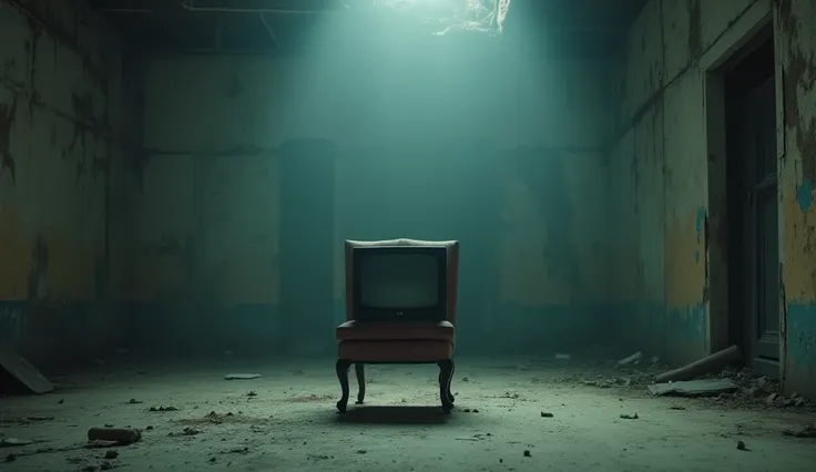 Make a cinematic type background for documentary video where there is an abandoned place and also the chair and on that chair there is a tv full hd cinematic