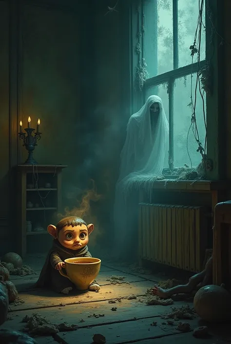 In a creepy room - the hero is a cup of tea with more creepy things and a ghost also likes to have it