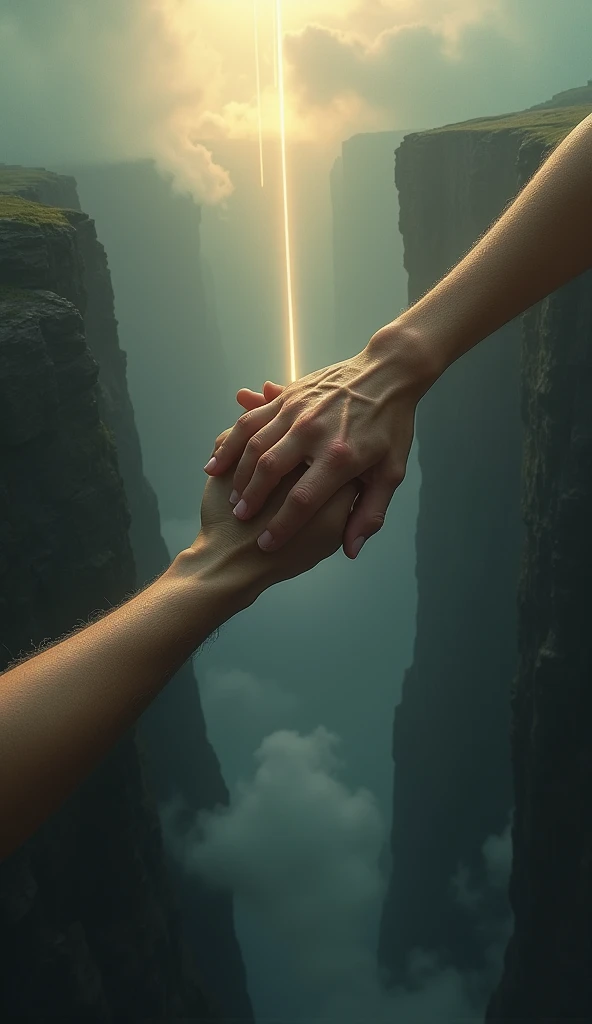 The hand supports the other hand over the cliff of a deep abyss, illuminated by thin rays of light ,  penetrating through clouds .