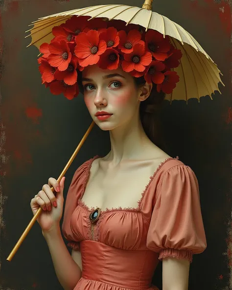 (Expressionist art style: 1.3)(Carl Larsson style painting: 1.3)(Mark Ryden style 1.2)  The image depicts a female figure with delicate features and a serene expression, in a style that mixes surrealism with romanticism. She wears a light red dress with pu...