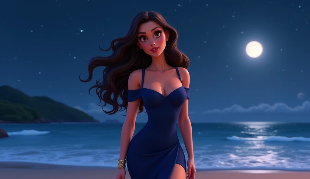 brunette woman, With a seductive look and wide hips ,  wearing a navy blue tomara-queia dress; On a beach at night . pixar mode.