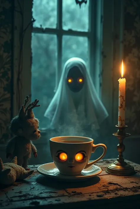 In a creepy room - the hero is a cup of tea with more creepy things and a ghost also likes to have it