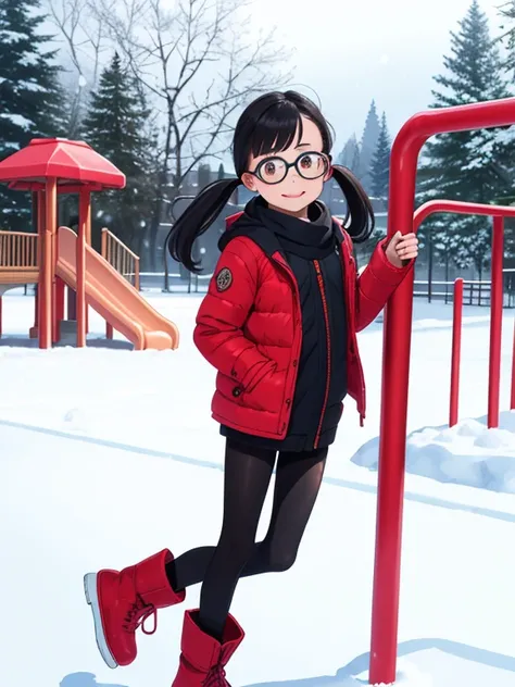 (Masterpiece,  best quality  ), 3  girl s，(),  girl ， thick eyebrows，baby face，Round face，  big round eyes， Group ,  short twin tail  , Dull bangs，  black hair，Glasses， brown eyes， Very short，Toddler body shape，  flat chest，非常に細い手feet，  red ribbon，  straig...