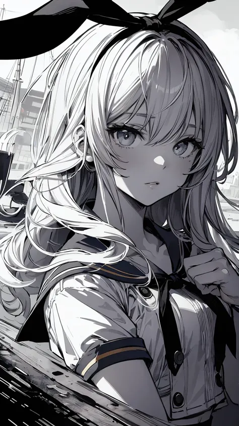 shimakaze,Ink Art,(black and white cartoon core :1.3),( super high contrast), black hair, Shadow, long hair, flat chest,Masterpiece, noise reduction, perfect anatomy,  very detailed, Dutch angle ,  beautiful details, Five Fingers ,  perfect hands , sailor ...