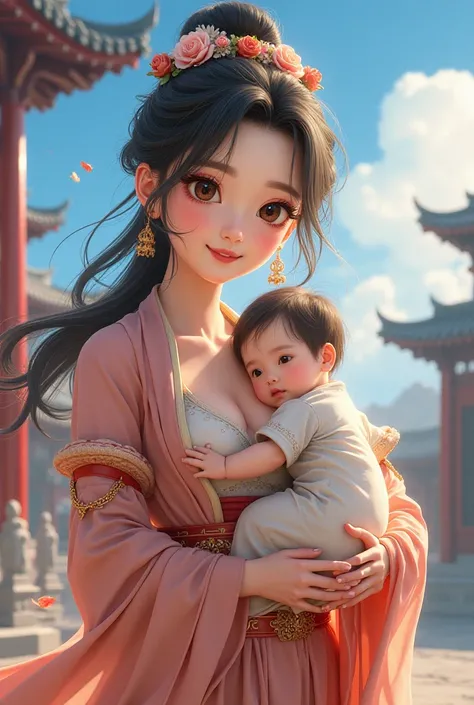 {{masterpiece, best quality, extremely detailed CG, unity 8k wallpaper, cinematic lighting}}, traditional Chinese ink painting, 1girl, 1baby, young woman holding a baby, full body, ancient architecture, blue sky, sunny day, wooden architecture, prominent p...