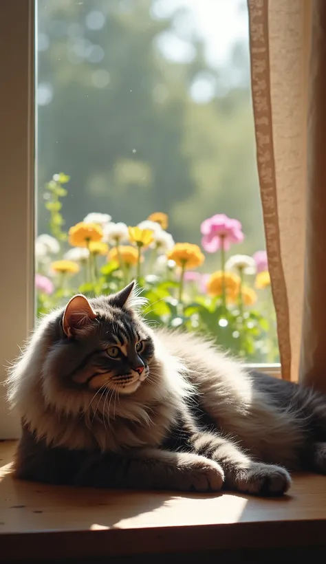 "A fluffy gray cat basking in sunlight near a large window. The window overlooks a garden filled with colorful flowers. The cat is lying lazily on its side, eyes half-closed, enjoying the warmth of the sun. A gentle breeze moves the curtains slightly."

