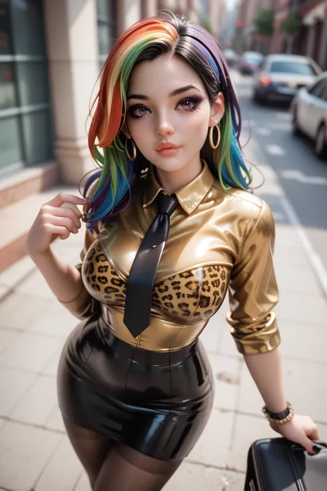  1 girl,    in an extremely tight  ,   shiny gold latex polo shirt, is located in the city , Leggings,    Hidden Hair Coloring,  reflection ,    reflecting light   ,    high resolution,    masterpiece , corset,necktie, long tight skirt ,  very shiny skin ,...