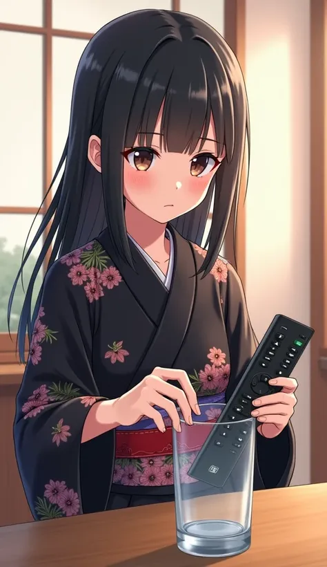  Anime girl with black yukata flowers is placing the television remote in a horizontal position,  slightly tilted to the side , And it seems to be attached to the empty glass shiny glass 