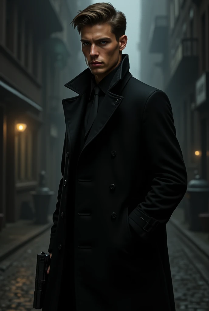 Young man dressed as an agent and in a black coat 