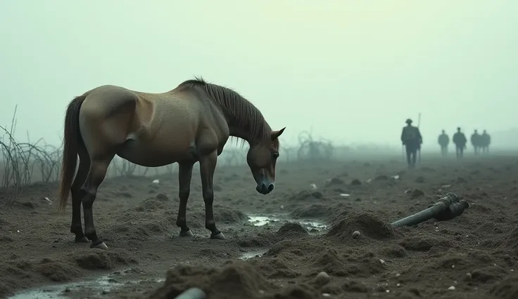 A lone, emaciated horse standing in a desolate, muddy field littered with barbed wire and shell craters. The horse's head is bowed, and its posture conveys exhaustion and despair. In the far distance, a faint line of returning soldiers can be seen. Style: ...