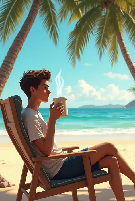  A young man is sitting relaxed in a chair holding a very extra large glass filled with coffee,beautiful beach background ,  looking at the view seen from the side  