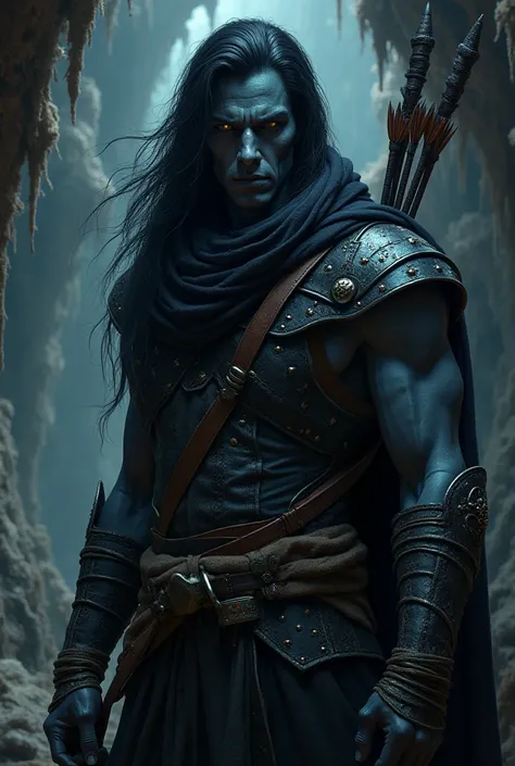 Create a hyperrealistic portrait of a male drow ranger in the Underdark. His skin is smooth and onyx-black, with long, flowing jet-black hair and piercing black eyes that seem to absorb light. He is clad in a dark studded leather breastplate with intricate...