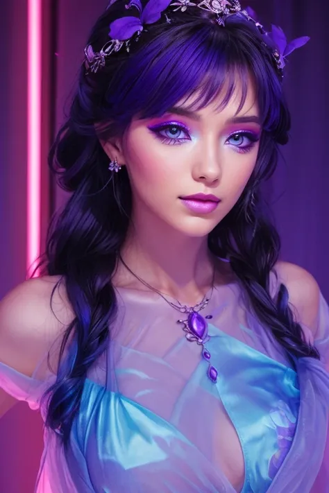 a photo of a gorgeous model wearing blue and purple eyeshadow look, y2k inspired, dreamy