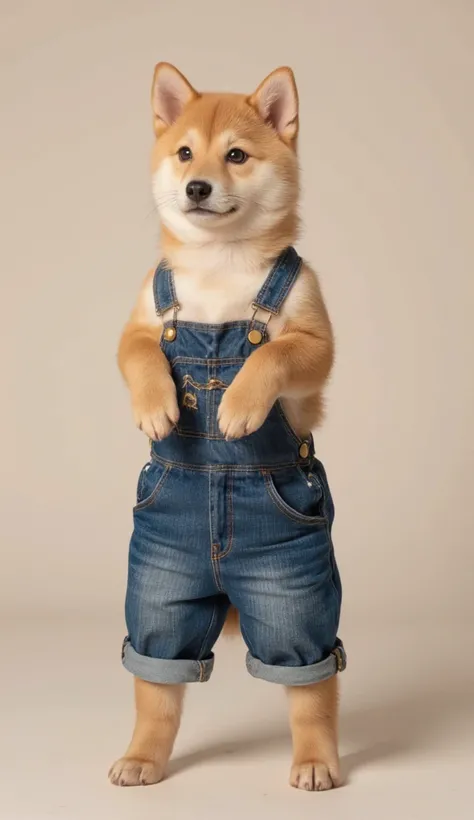 Small Shiba Inu puppy in overalls, standing on two legs, looking at camera, no background