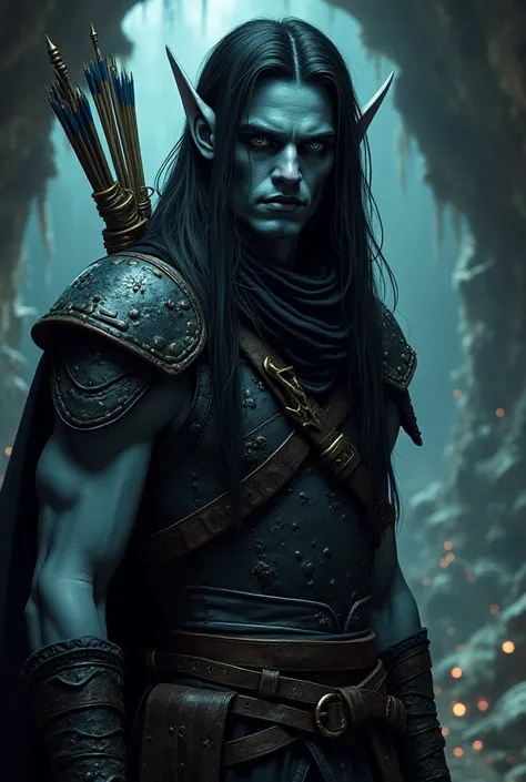 Create a hyperrealistic portrait of a male drow ranger in the Underdark. His skin is smooth and onyx-black, with long, flowing jet-black hair and piercing black eyes that seem to absorb light. He is clad in a dark studded leather breastplate with intricate...