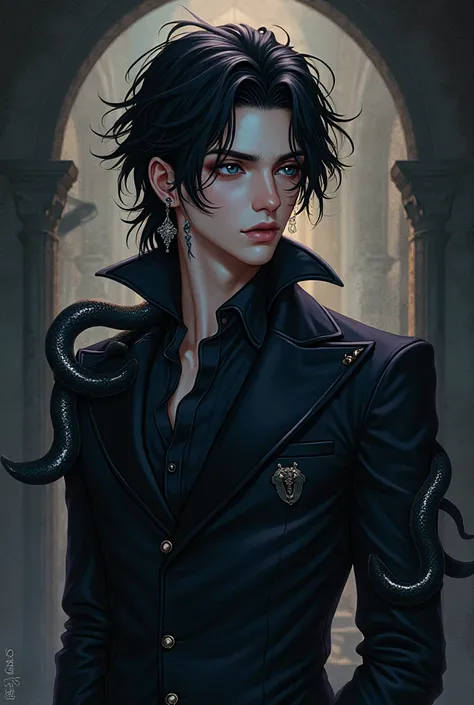  anime style　male　darkness　Fair skin　Earrings　 tattoo　　 suit　middle ages　snake　Illness　Beautiful　devil　 vampire 