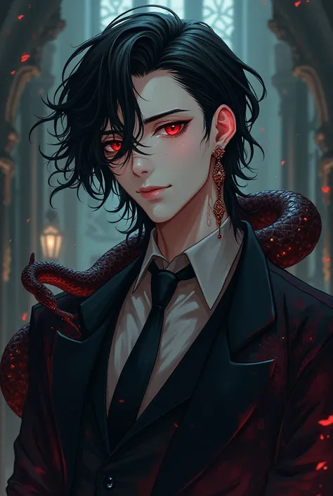  anime style　male　darkness　Fair skin　Earrings　 tattoo　　 suit　middle ages　snake　Illness　Beautiful　devil　 vampire 