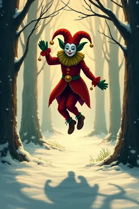 Dikhana hai: Jester ( figure )shadows mein trees ke beech hop (JUMP ) kar raha hai, grin ( MYSATERIOUS SMILE ON JESTER FACE ) aur bells ki awaaz "Jingle jingle..."  (ye awaaz ek curved ya wavy text mein likhkar, Jester ke paas ya uske aas paas rakho)