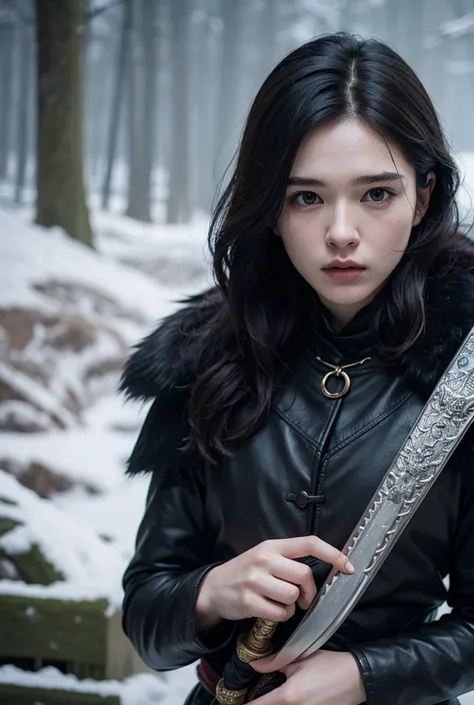 Jon Snow as a little frog and her wolf sword and her Chinese hair 