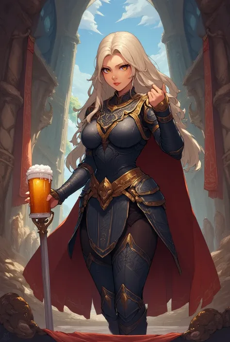 Create an image of a Valkyries with a sword and a pint of beer 