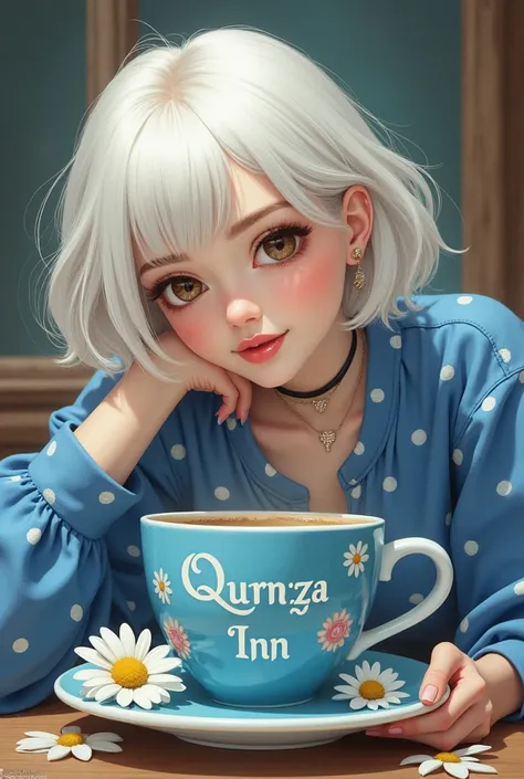 realpic . Create a realistic representation of a white-haired lady, light brown eyes, pink lips , cut bob, Who wears jeans ,  white sneakers and a blue blouse with white ovals ,  lying on a coffee cup of its size .  The mug is blue and decorated with small...