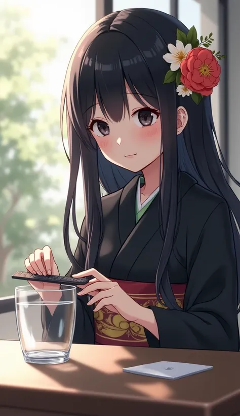  Anime girl with black yukata flowers is placing the television remote in a horizontal position, Slightly tilted to the side, it seems to be attached to the empty glass, shiny glass 