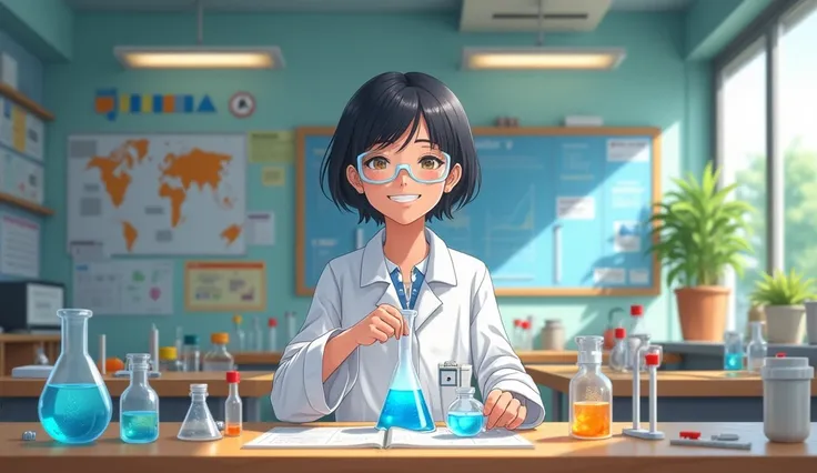 High quality photos、A cute Japanese woman with short black hair has a big smile and is doing science experiments in the school classroom