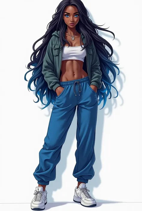  Realistic illustration of the drawing of a black woman with shiny dark skin,  Long black hair with blue locks ,  blue eyes, Jacket hoodie , relaxed posture, breasts, sexy,  blue vibe pants ,  white sneakers by Jordan . Dragon Ball Super Warrior anime styl...