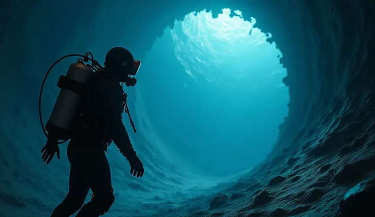 (highres, ultra-detailed, realistic, 4K) A hyper-realistic image shows a deep sea diver approaching a giant sink hole in the ocean. 