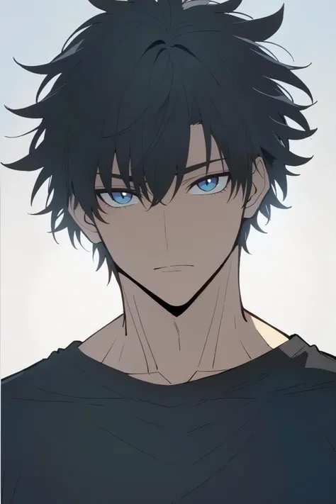 Handsome, solo, male, tall, toned, Gojo hair, black hair, blue eyes, black t-shirt, broad shoulders, looking at viewer, facing viewer, simple background, white background