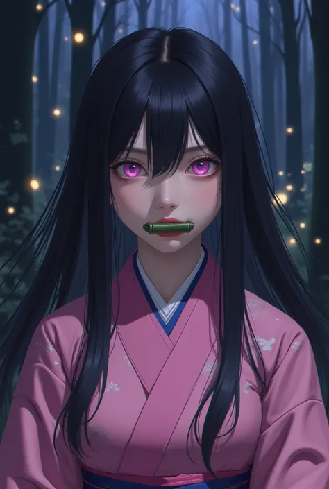 Image of Nezuko Kamado, a character from the Demon Slayer series, in an ultra-detailed style. She should be depicted with her long, black hair, perfectly detailed, cascading around her face. Her large pink eyes should be highlighted, with intense depth and...