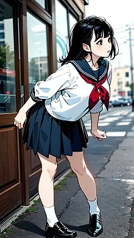 ((leaning forward)),Look at the ground,
woman,Very depressive,black hair,Look Up,profile, Sailor suit,Moderate bust,
Asian,from side,full body,((leaning forward)),