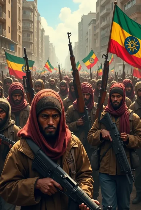 a lot of armed people is filling the streets of addis abeba, Ethiopia with Ethiopian flag attached with there cloths and they are looking for enemy solider with there guns pointing on the search