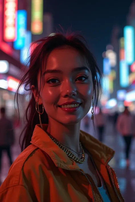 girl wearing gold grillz at night 