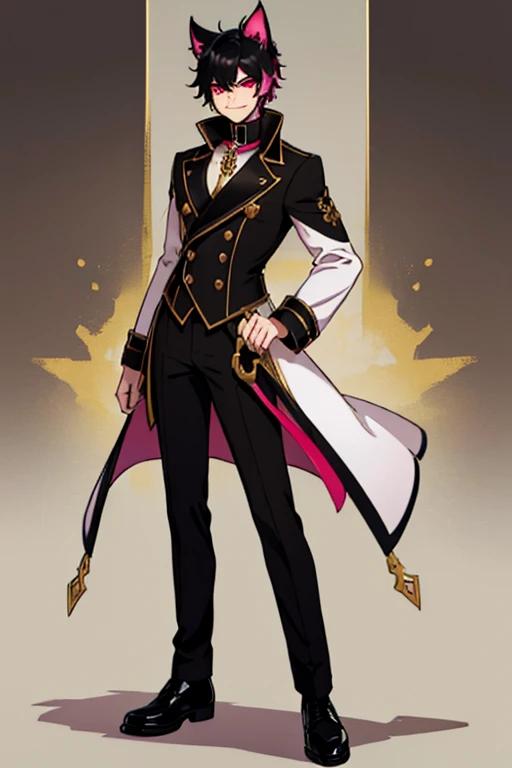 male, black hair with pink highlights, red eyes, cat ears, cat tail, (((1boy))), (((white diagonally buttoned long sleeve coat with black and gold trimmings))), (black pants), (brown shoes), handsome, long legs, smiling