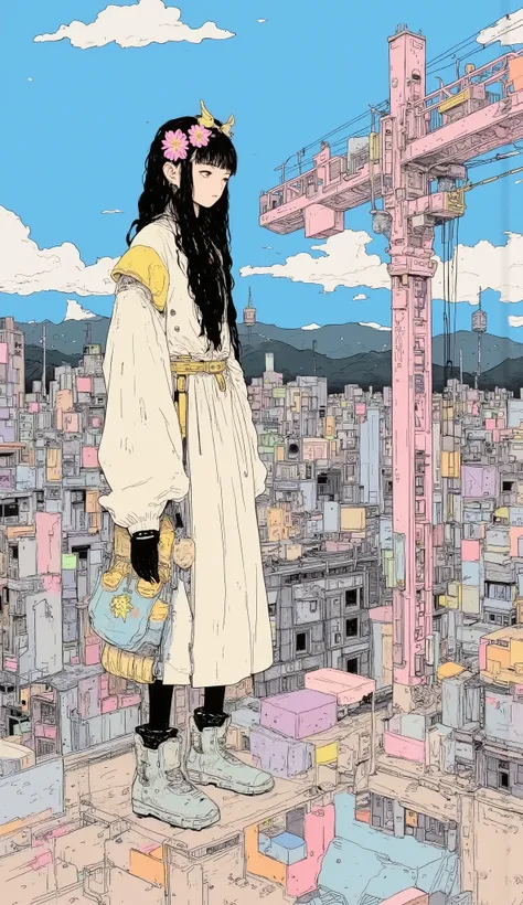 There is a high school girl standing at the top of the crane、Crane working at height ,Black long hair, bangs with lots of flowers 、 If you look at the angle , cardigan , stylish hair , Surrealism , Japanese cartoon style , graphic details , Detai...