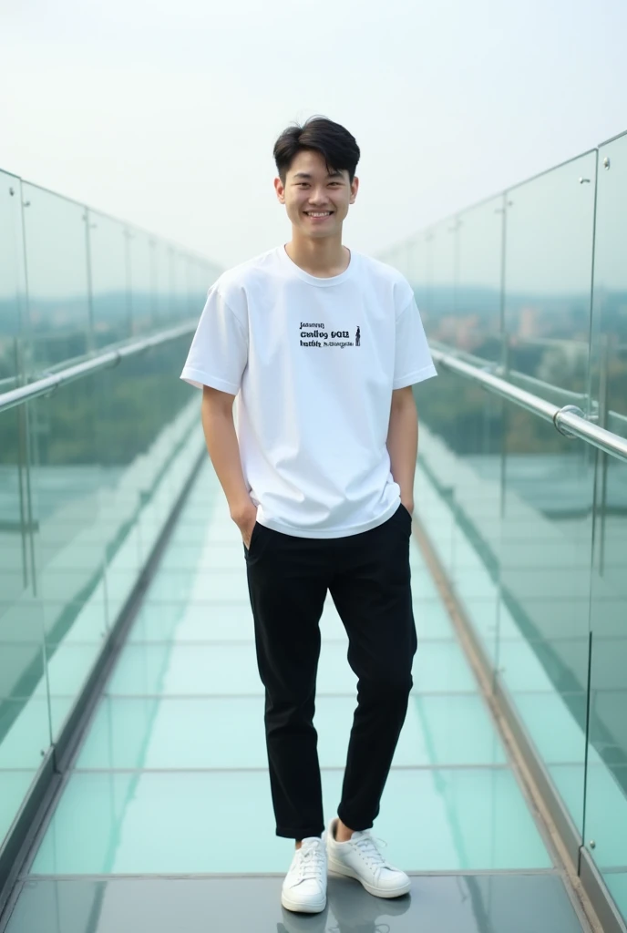 A handsome KOREAN guy melihat arah kamera,short black hair, wearing a white t-shirt with the text "JOMBLO BAHAGIA" written on it, black pants, white shoes, in the background on the glass bridge