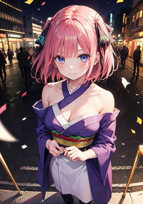 Nino Nakano is a character that appears in the anime "The Quintessential Quintuplets" {The eyes of this character are blue. My hairstyle is a bob cut with reddish-pink color. }This character is wearing a butterfly hair accessory. Please focus on this chara...