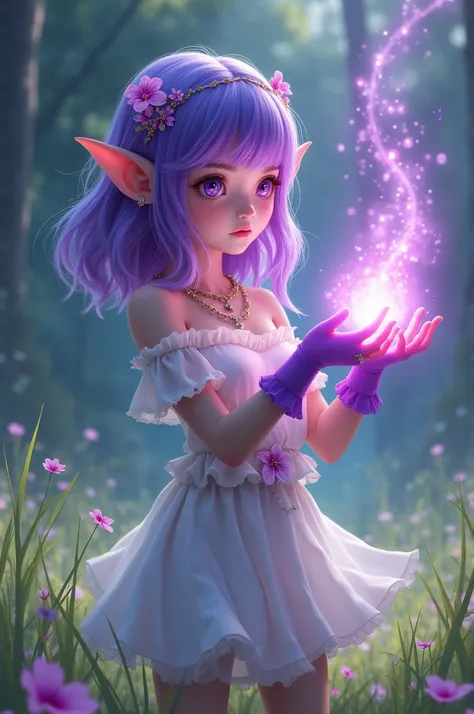 ( best quality,8K,  masterpiece,  Highly detailed  :1.3),  Melody , 1 Girl,  Water Castorice ,  alone,  agers in the grass,  Purple Eyes ,   Medium Length Hair,  purple hair, (  Pointed ears , Elf:0.6),( Colorful hair,  gradient hair color :0.5), skirt,  D...