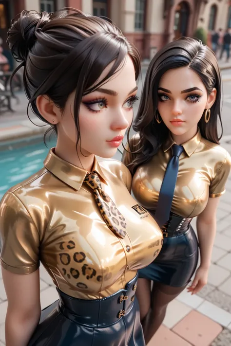 2 girls,    in an extremely tight  ,   shiny gold latex polo shirt, is located in the city , Leggings,    Hidden Hair Coloring,  reflection ,    reflecting light   ,    high resolution,    masterpiece , corset,necktie, long tight skirt ,  very shiny skin ,...