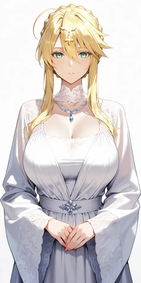 Masterpiece, mature woman, artoria pendragon (Lancer) (fate), slim, upper body, white dress, wide sleeves, graceful, elegant, wise type, ultra detailed, highres, absurdres, white room background, close up portrait