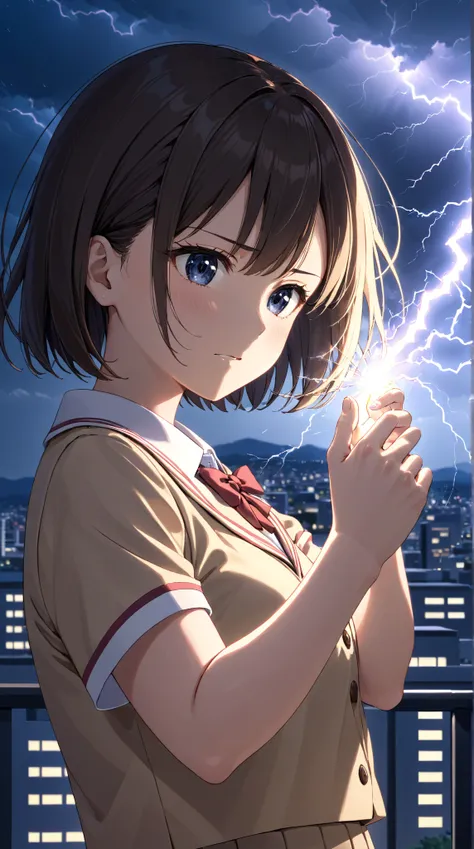 Upper body close-up（((masterpiece)""A short-haired girl in Tokiwadai Middle School's uniform, releasing bluish-white electric sparks from her fingertips. She has a confident expression as she stares down her opponent. The background is a night sky illumina...