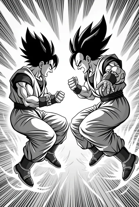 Draw me a manga frame in black and white so that there will be a fight between Goku and Vegeta