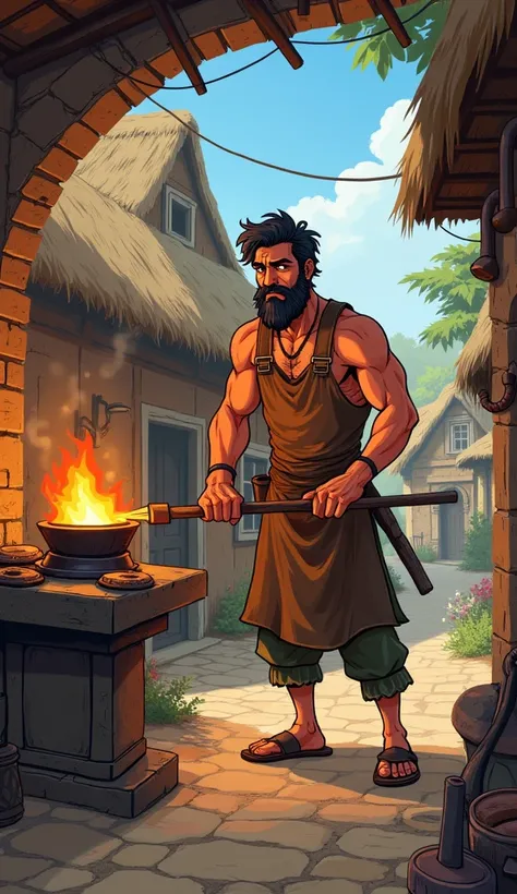 In a small village there lived a poor blacksmith named Raghu, who worked in iron, made iron utensils, made iron knives, he had his own small furnace in which he used to heat the iron by lighting a fire and do some other things. Cartoon image