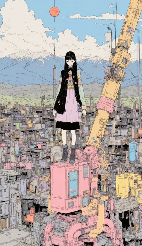  There is a high school girl standing at the top of the crane、Crane working at height  ,Black long hair,  bangs with lots of flowers 、 If you look at the angle  ,  cardigan , stylish hair ,  Surrealism  ,  Japanese cartoon style ,  graphic details  , Detai...