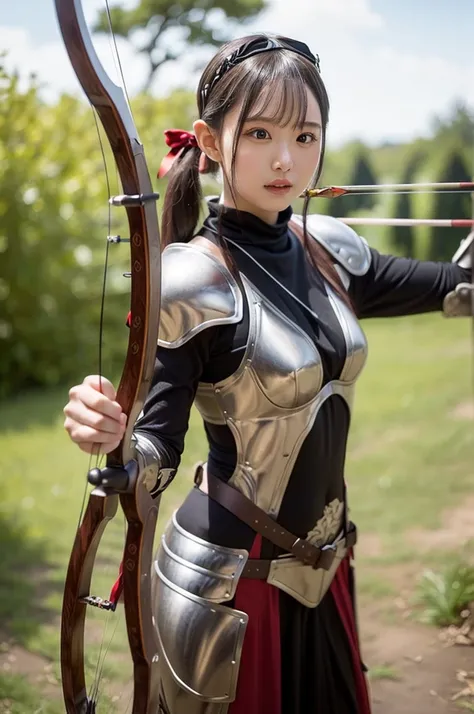  best quality , (Leaf-type full plate armor that's more embarrassing than total nudity)、 Another World、Elf、Adventurer、((Aim for prey by accurately holding a very beautiful bow and arrow))、