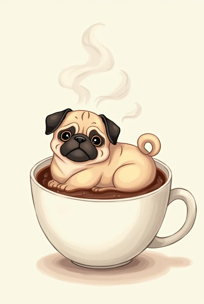 A drawing of a cute pug in a coffee cup 
