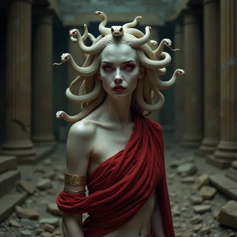 medusa from greek mythology. very pale skin. Eyes with a red iris. Vampire look.  naked and wearing only a red cape. It has a gold bracelet on the left bicep.. Its head has several small live snakes, your scales are white , with small bulging heads and bri...