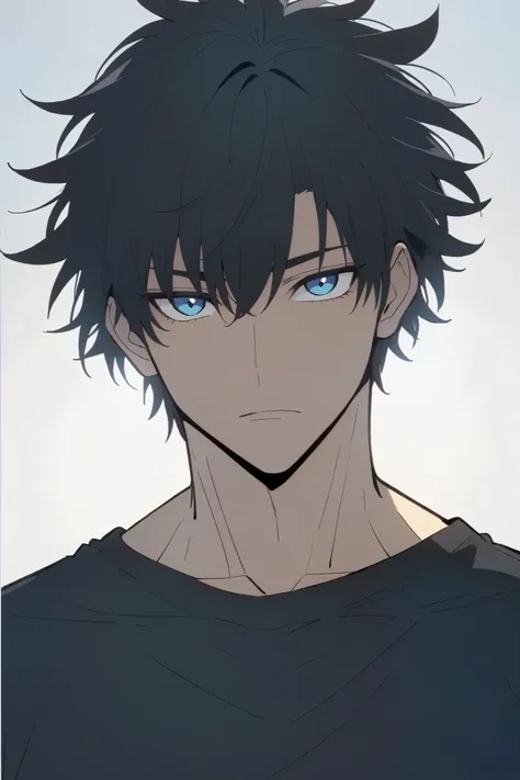 Handsome, solo, male, tall, toned, Gojo hair, black hair, blue eyes, black t-shirt, broad shoulders, looking at viewer, facing viewer, simple background, white background