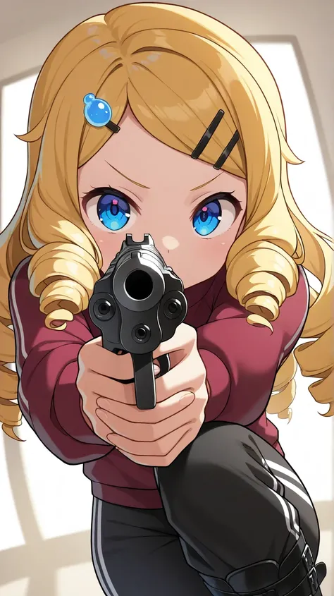 ultra-detailed, detailed face, close-up portrait, BREAK focus on face, dynamic angle, dutch angle shot, (looking at viewer), Solo, Drill Hair, blonde, Long Hair, a girl, blue eyes, slant eyes, narrow eyes,blue  hairpin, wearing maroon long sleeves sportswe...